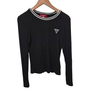 ​Guess Logo Black Ribbed Long Sleeve Top - Stripe Trim Size L